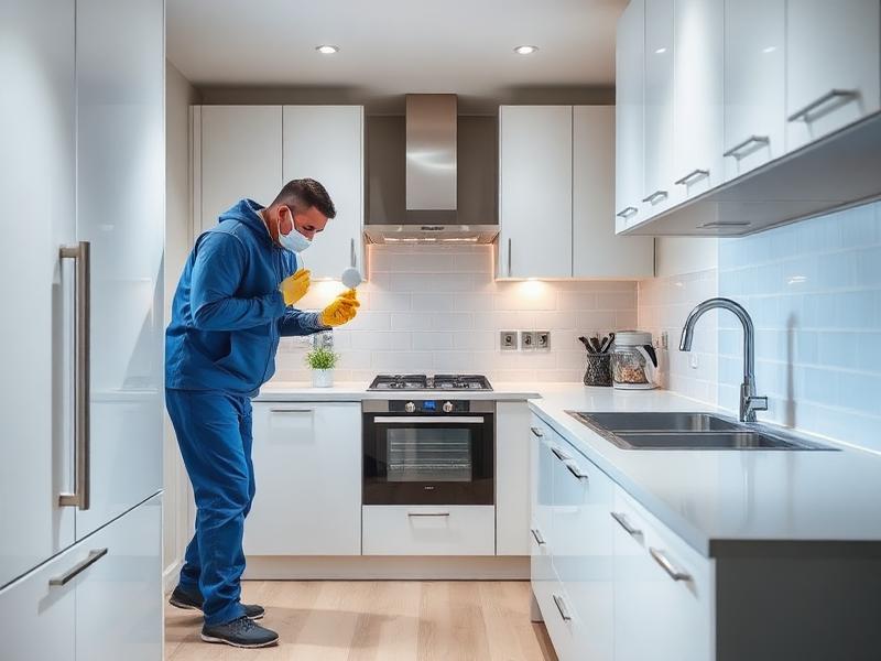 Pest control technician in kitchen